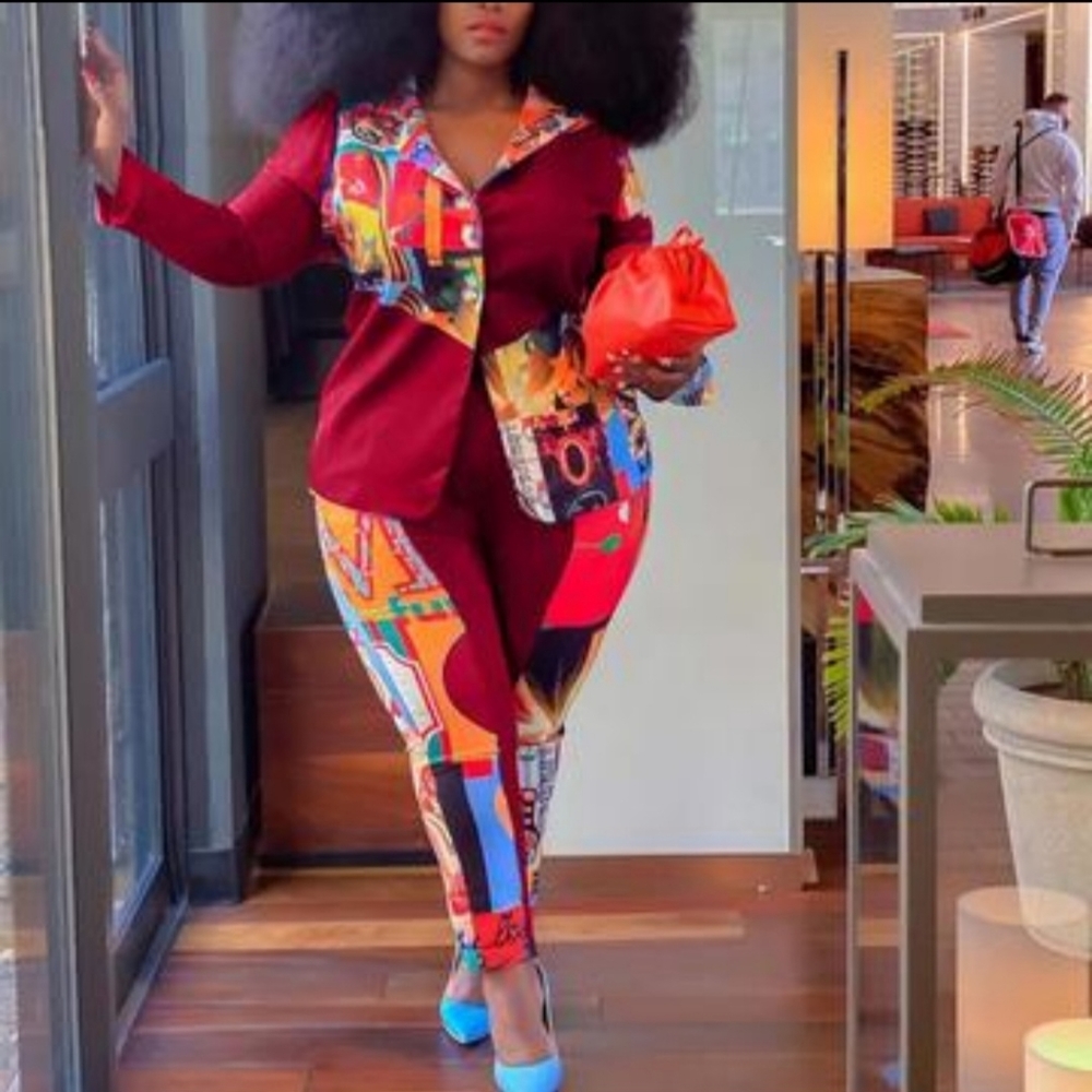 Print Blazer Fashion Plus Size Two-Piece Pants Set.